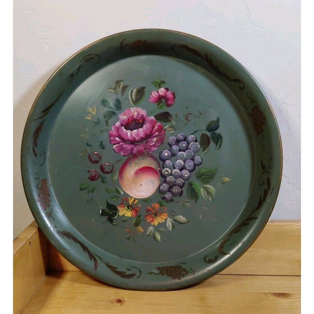 Vtg Blue green round Toleware Tray pink Hand Painted Roses Flowers Fruit 13.5"